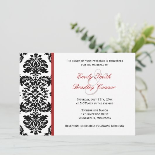 Elegant Red en Black Damask | Weddenschap Kaart (Staand voorkant)