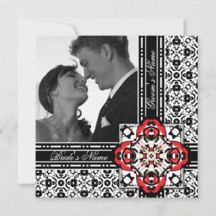 Elegant Red en Black Damask Wedding Invitations Kaart