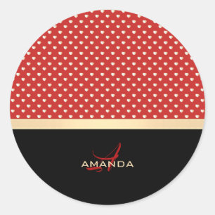 Elegant Red en Black, Golden Hearts Name Monogram Ronde Sticker