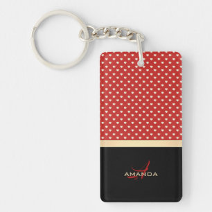 Elegant Red en Black, Golden Hearts Name Monogram Sleutelhanger