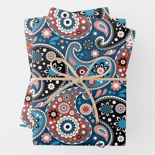 Elegant Red en Blue Kerstmis Paisley Pattern Inpakpapier Vel (In situ)