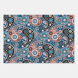 Elegant Red en Blue Kerstmis Paisley Pattern Inpakpapier Vel