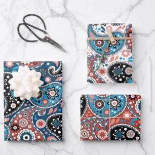 Elegant Red en Blue Kerstmis Paisley Pattern Inpakpapier Vel