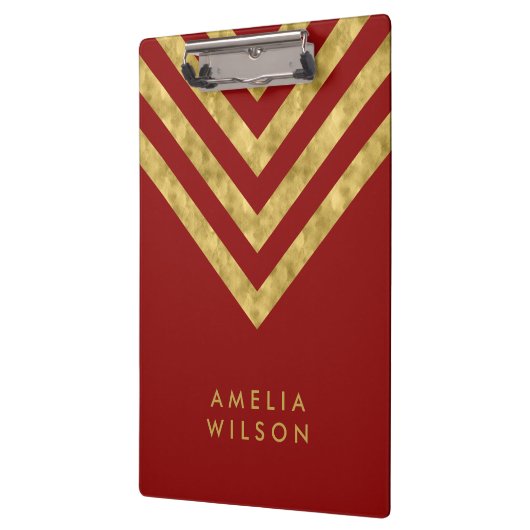 Elegant Red en Faux Gold Chevron Name Klembord (Links)