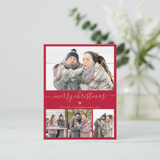 Elegant Red en Gold 4 Photo Collage Kerstmis Briefkaart (Staand voorkant)
