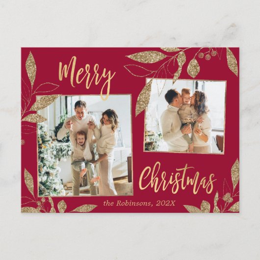 Elegant Red en Gold Botanical 2-fotokerstmis Briefkaart (Voorkant)
