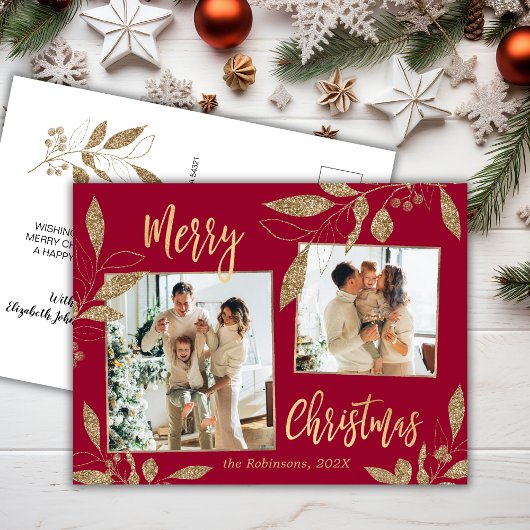 Elegant Red en Gold Botanical 2-fotokerstmis Briefkaart