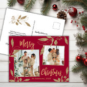 Elegant Red en Gold Botanical 2-fotokerstmis Briefkaart
