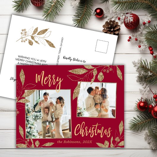 Elegant Red en Gold Botanical 2-fotokerstmis Briefkaart