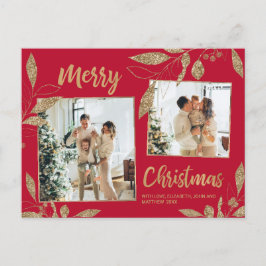 Elegant Red en Gold Botanical 2-fotokerstmis Briefkaart