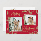 Elegant Red en Gold Botanical 2-fotokerstmis Briefkaart (Voorkant / Achterkant)