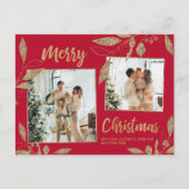 Elegant Red en Gold Botanical 2-fotokerstmis Briefkaart (Voorkant)