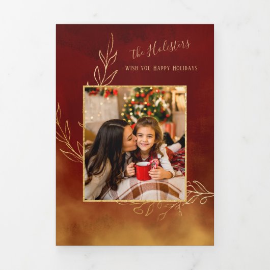 Elegant Red en Gold Botanical Holiday Foto Drieluik Kaart (Cover)
