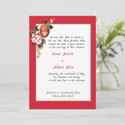 Elegant Red en Gold Cameo Uitnodiging (Staand voorkant)
