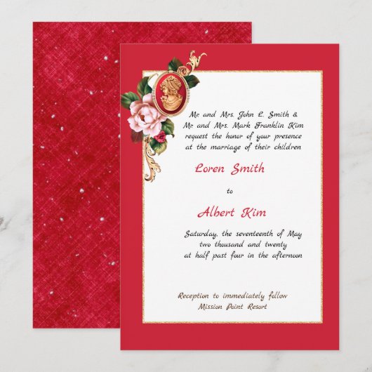 Elegant Red en Gold Cameo Uitnodiging (Voorkant / Achterkant)