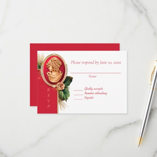 Elegant Red en Gold Cameo Wedding Response Card RSVP Kaartje (Voorkant / Achterkant in situ)