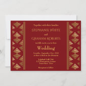 Elegant Red en Gold Damask Patterned Wedding Kaart (Voorkant)