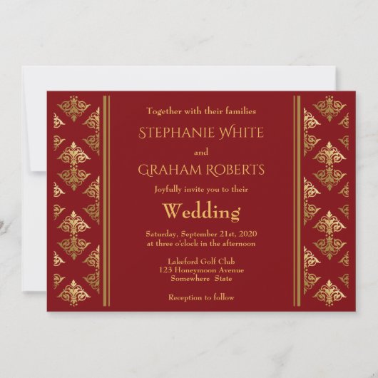 Elegant Red en Gold Damask Patterned Wedding Kaart (Voorkant)