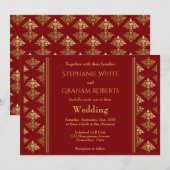 Elegant Red en Gold Damask Patterned Wedding Kaart (Voorkant / Achterkant)