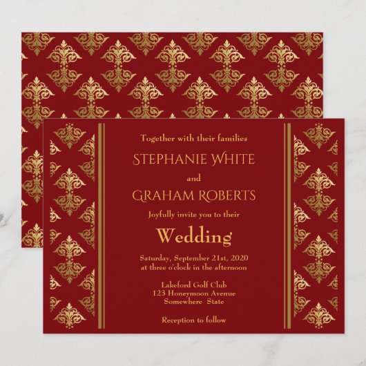 Elegant Red en Gold Damask Patterned Wedding Kaart (Voorkant / Achterkant)