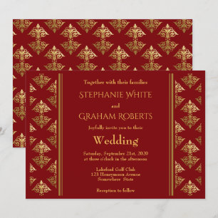 Elegant Red en Gold Damask Patterned Wedding Kaart