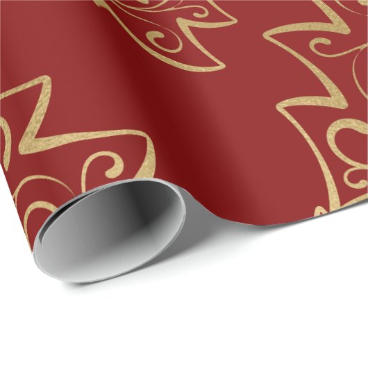 Elegant Red en Gold Faux Folie kerstboom Cadeaupapier (Rol Hoek)