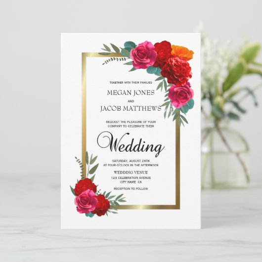 Elegant Red en Gold Floral Wedding Kaart (Staand voorkant)