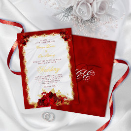 Elegant Red en Gold Foil Floral Wedding Folie Uitnodiging