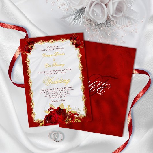 Elegant Red en Gold Foil Floral Wedding Folie Uitnodiging