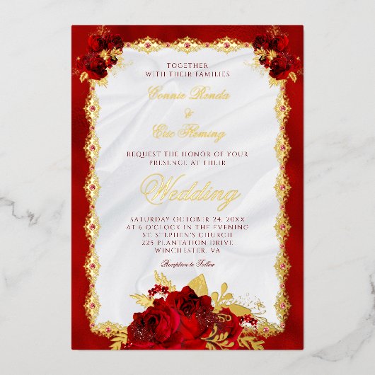 Elegant Red en Gold Foil Floral Wedding Folie Uitnodiging (Voorkant)