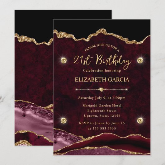 Elegant Red en Gold Glitter Agate 21st Birthday Kaart (Voorkant / Achterkant)