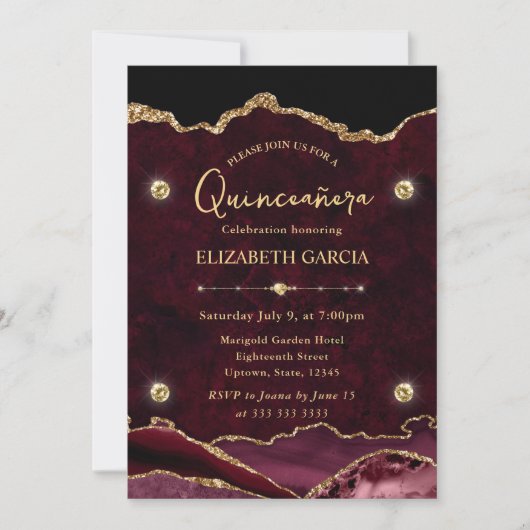 Elegant Red en Gold Glitter Agate Quinceanera Kaart (Voorkant)