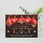 Elegant Red en Gold Kerstmis Baubles Birthday Kaart (Staand voorkant)