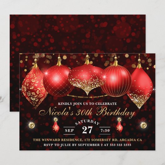 Elegant Red en Gold Kerstmis Baubles Birthday Kaart (Voorkant / Achterkant)