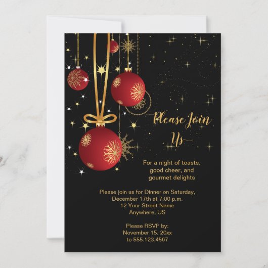 Elegant Red en Gold Kerstmis op de Zwarte Partij Kaart (Voorkant)