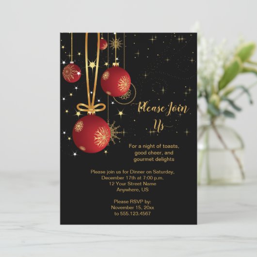 Elegant Red en Gold Kerstmis op de Zwarte Partij Kaart (Staand voorkant)