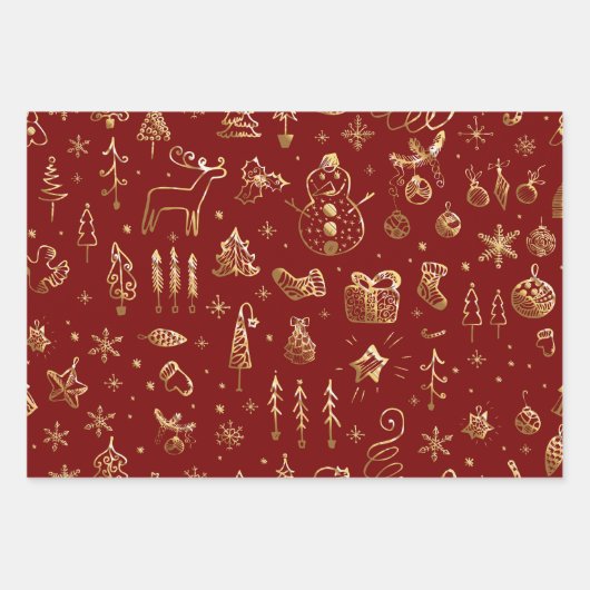 Elegant Red en Gold Kerstmis Pattern Inpakpapier Vel (Voorkant)