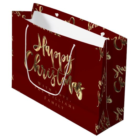 Elegant Red en Gold look Script Happy Kerstmis Groot Cadeauzakje (Voorkant Gekanteld)