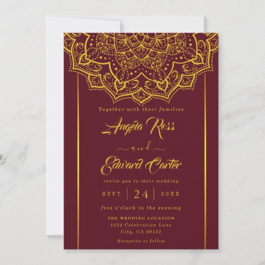 Elegant Red en Gold Mandala Wedding Invitation Save The Date (Voorkant)