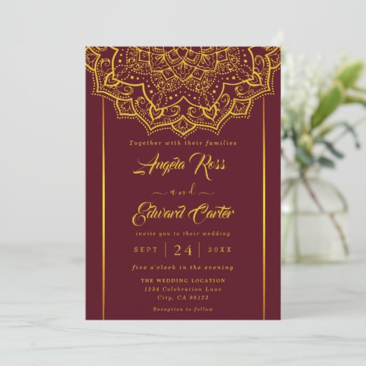 Elegant Red en Gold Mandala Wedding Invitation Save The Date (Staand voorkant)