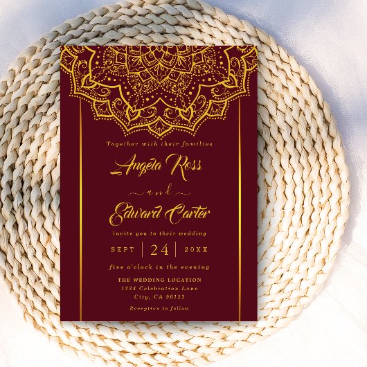 Elegant Red en Gold Mandala Wedding Invitation Save The Date