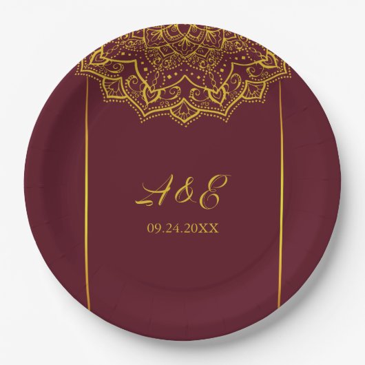 Elegant Red en Gold Mandala Wedding Papieren Bordje (Voorkant)