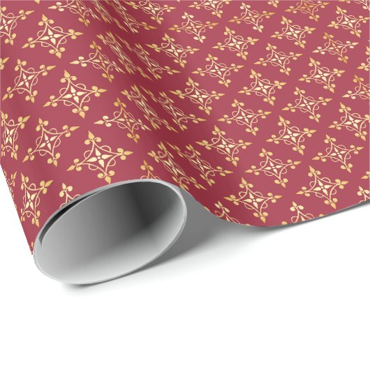 Elegant Red en Gold Quatre Floral Festive Damask Cadeaupapier (Rol Hoek)