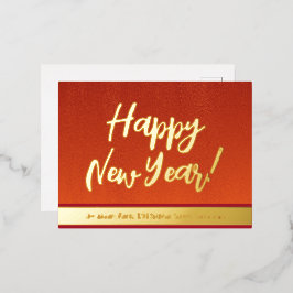 Elegant Red en Gold Script Happy Nieuwjaar Folie Feestdagen Briefkaart