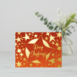 Elegant Red en Gold Script Merry Kerststerren Folie Feestdagen Briefkaart