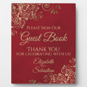 Elegant Red en Gold Sign Ons gastboekhuwelijk Fotoplaat (Voorkant)