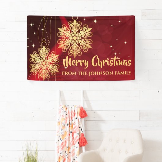 Elegant Red en Gold Snowflake kerst Spandoek (Insitu)