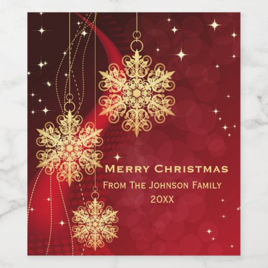 Elegant Red en Gold Snowflake kerst Wijn Etiket (Enkel label)