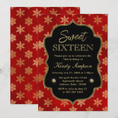 Elegant Red en Gold Winter Snowflakes Sweet 16 Kaart (Voorkant / Achterkant)