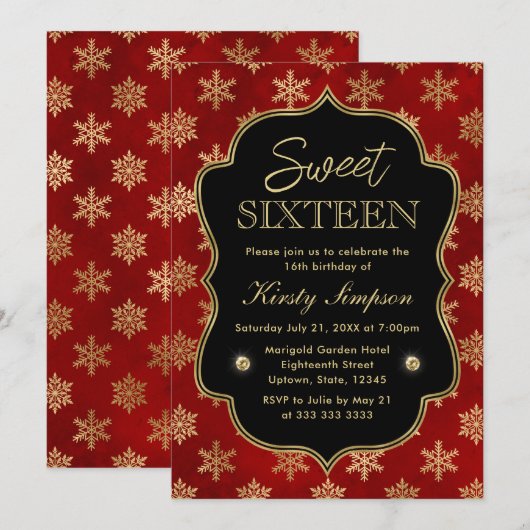 Elegant Red en Gold Winter Snowflakes Sweet 16 Kaart (Voorkant / Achterkant)